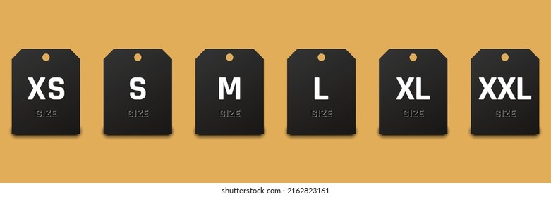 Size label tag in black. Small, large and extra large sizes. Clothing size labels on white background. Small, medium and large shopping tag. Vector illustration.