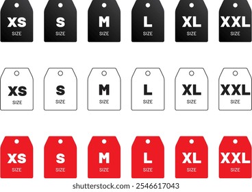 Size label tag in black, white and red. Extra small, small, medium, large and extra large sizes. Clothing size sets. Shopping tag. Vector illustration.	