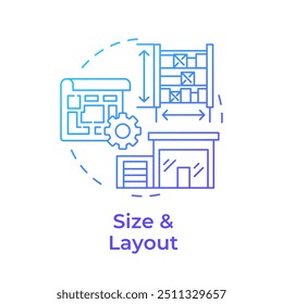 Size and layout blue gradient concept icon. Industrial real estate. Space for warehouse. Floor plan of facility. Round shape line illustration. Abstract idea. Graphic design. Easy to use in article