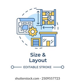 Ícone de conceito de várias cores de tamanho e layout. Imóveis industriais. Espaço para depósito. Planta de chão de fábrica. Ilustração de linha de forma redonda. Ideia abstrata. Design gráfico. Fácil de usar no artigo