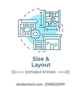 Tamanho e layout ícone de conceito azul suave. Imóveis industriais. Espaço para depósito. Planta de chão de fábrica. Ilustração de linha de forma redonda. Ideia abstrata. Design gráfico. Fácil de usar no artigo