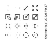 Size linear style icons set. Measurement and resizing. Height, width, depth. Displays the dimensions of objects. Defining and adjusting the size. Editable stroke width