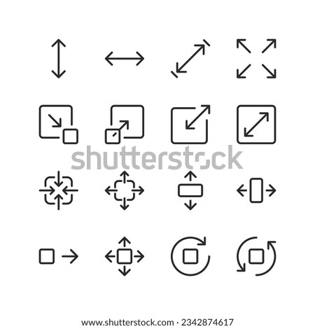 Size linear style icons set. Measurement and resizing. Height, width, depth. Displays the dimensions of objects. Defining and adjusting the size. Editable stroke width