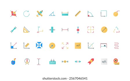 Size measurement, internal and external dimension arrows to measure area and angle, width and length color icon set. Ruler with scales, flexible tape and roulette flat elements vector illustration