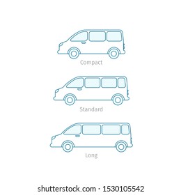 The size of the minivan. Transfer minibus variation. Compact standard long. Transportation of passengers cars. Outline contour blue line vector.