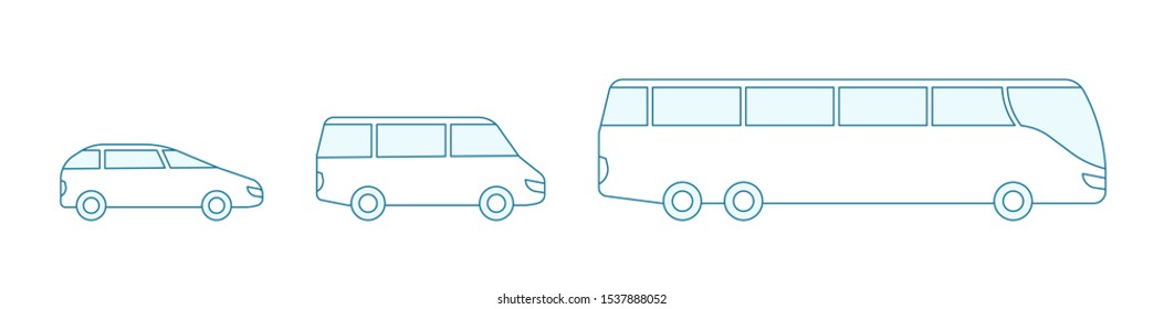 The size options of the bus transfer. Small, medium and large. Choose yours passengers transport. Outline contour blue line vector.