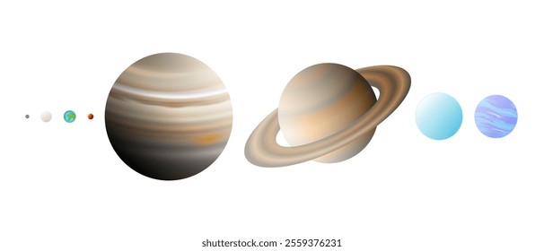 Size of the Planets of the Solar System with Realistic Proportions. Mercury, Venus, Earth, Mars, Jupiter, Saturn, Uranus, and Neptune Planet Dimension Isolated on White Background