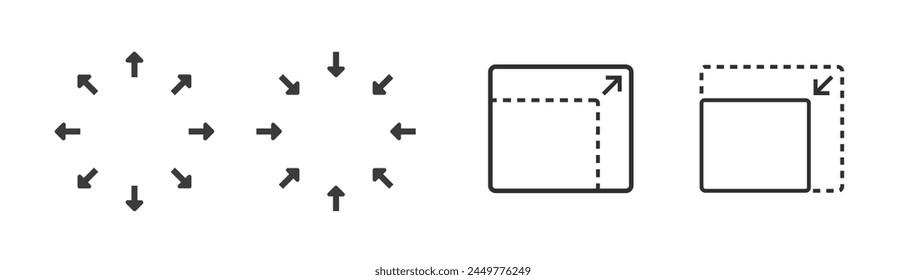 Size scale expand icon or resize maximize minimize window image vector ui interface element graphic set, upscale downscale arrow symbol, smaller bigger square round tool, increase decrease sign