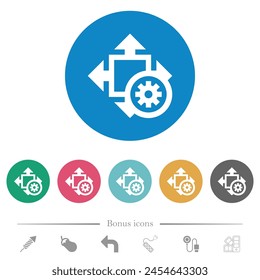 Size settings flat white icons on round color backgrounds. 6 bonus icons included.