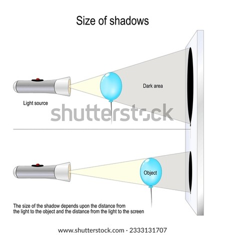 Size of shadows. scientific experiment with a balloon and a flashlight. The size of the shadow depends upon the distance from the light to the object and the distance from the light to the screen