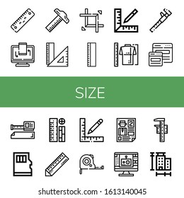 size simple icons set. Contains such icons as Ruler, Responsive, Rulers, Expand, Measure, Measure tape, Micro sd, Measuring tape, Leaflet, can be used for web, mobile and logo