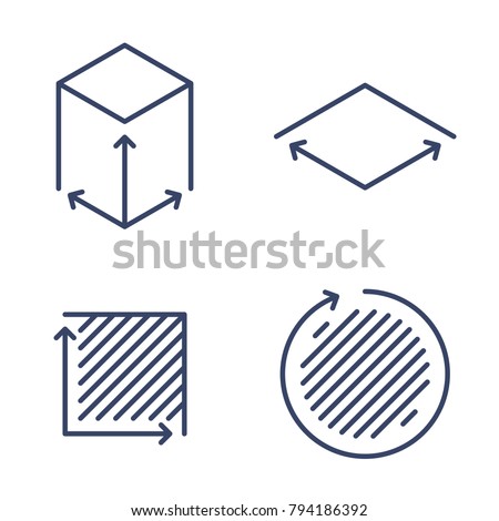 Size, square, area concept linear icons. Volume, capacity, acreage line symbols and pictograms. Size and square dimension and measuring vector outline icon set. Thin contour infographic elements. Сток-фото © 