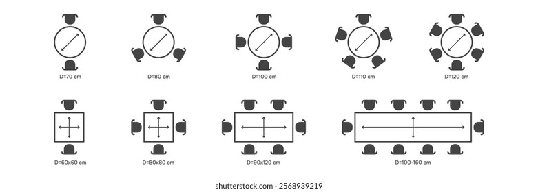 Size of Tables for cafe or restourant. Set of Table Seats. Plan Chairs and Tables. Vector illustration