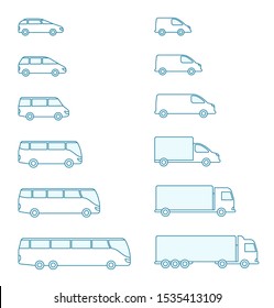 The size of the transport icon set. Compact standard long. Transportation of passengers buses and cargo trucks. From small to large. Outline contour blue line vector.