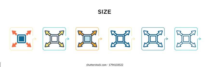Size vector icon in 6 different modern styles. Black, two colored size icons designed in filled, outline, line and stroke style. Vector illustration can be used for web, mobile, ui