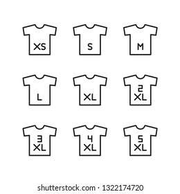 Size of White T-Shirt icon set. Stroke outline style. Line vector. Isolate on white background.