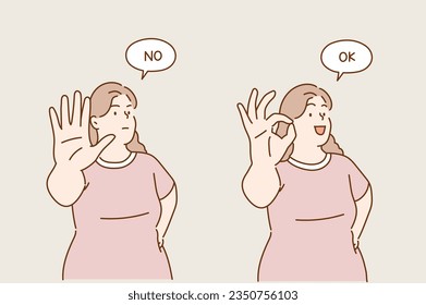 size woman plus showing no gesture with her hand. size woman plus showing ok gesture with her hand. Hand drawn style vector design illustrations.