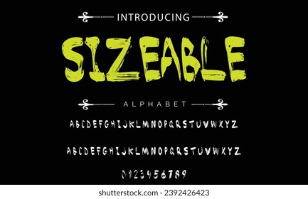 Un pincel estilizado de tamaño considerable pintó letras vectoriales mayúsculas, alfabeto, tipo de letra.