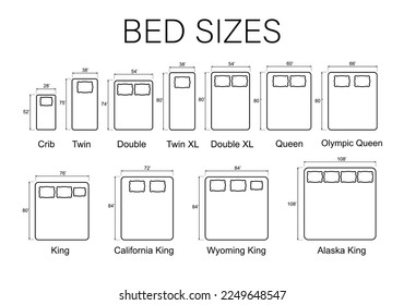 Sizes of beds and mattresses. Line icons of mattresses with dimensions. Vector