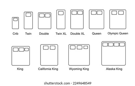 Sizes of beds and mattresses. Line icons of mattresses with dimensions. Vector