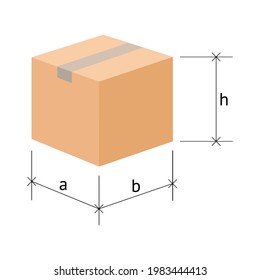 Sizes of a cardboard box. Vector illustration for brochure or site. Isolated on white background.