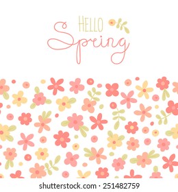 Sizon card Hello Spring with cute flowers. Vector illustration.