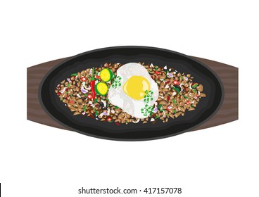 Sizzling Sisig Made Of Variety Of Recipes But Topped With Egg, Spices And Calamansi Juice. Philippine Cuisine Concept. Editable Clip Art.