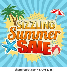 Sizzling summer sale advertising poster design on blue, vector illustration