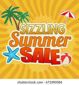 Sizzling Summer Sale Advertising Poster Design On Orange Background, Vector Illustration