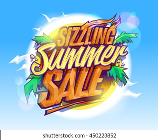 Sizzling summer sale, hot tropical design concept, sun, palms leaves and sky