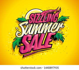 Sizzling summer sale vector banner, hot tropical design concept, sun, palms leaves and sky