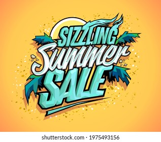 Sizzling summer sale vector banner, hot tropical design concept, sun, palms leaves and sky
