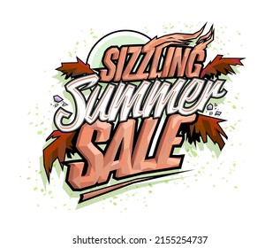 Sizzling summer sale vector banner template, hot tropical design with palms leaves
