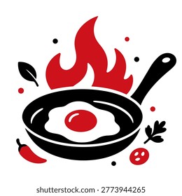 A sizzling sunny side up egg frying in a pan, with fiery red flames rising from it. The image includes red chili peppers, green leaves, and a tomato, creating an energetic and vibrant visual of cooking. The black frying pan, with the egg in the center, contrasts with the fiery background and fresh ingredients.