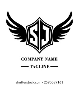 SJ bold shield logo with wings, customizable with letters A to Z. Perfect for brands seeking a powerful symbol of strength, freedom, and ambition