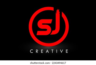 SJ Brush Letter Logo Design with Red  Circle. Creative Brushed Letters Icon Logo.