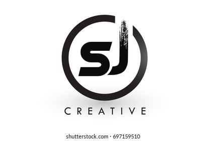 SJ Brush Letter Logo Design with Black Circle. Creative Brushed Letters Icon Logo.