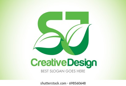 SJ Green Leaf Letter Design Logo. Eco Bio Leaf Letters Icon Illustration Vetor Logo.