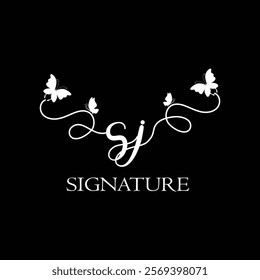 SJ  Handwritten initial letter, SJ simple signature vector logo with butterfly shape variation, beauty, photography letter logo design. S J