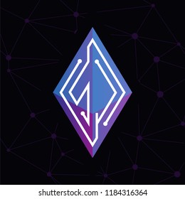 SJ Initial letter block chain logo icon vector template. Looping mono line circuit letter on rhombus cube logo