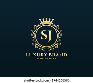SJ Initial Letter, Gold text with feminine floral hand drawn heraldic monogram, Antique vintage style luxury logo design.