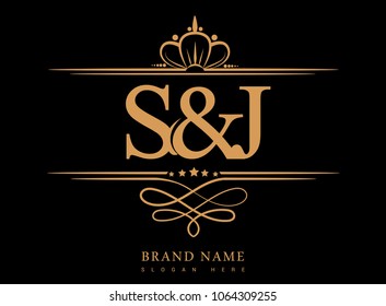 S&J Initial logo, Ampersand initial logo gold with crown and classic pattern