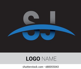 SJ initial logo company name colored grey and blue swoosh design.