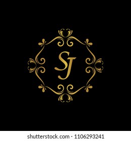 SJ Initial logo. Ornament ampersand monogram golden logo black background