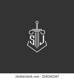 SJ firma de ley de monograma inicial con diseño de logo de espada y pilar