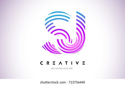 SJ Lines Warp Logo Design.Vector Letter Icon Made with Purple Circular Lines.
