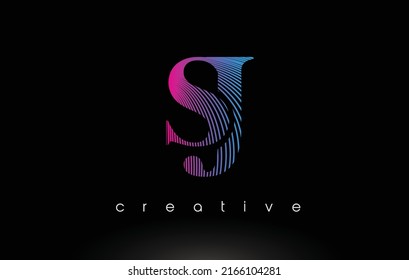 SJ Logo Design With Multiple Lines. Artistic Elegant Purple Blue Lines Icon Vector Illustration.