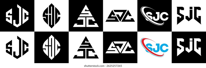SJC letter logo design in six style. SJC polygon, circle, triangle, hexagon, flat and simple style with black and white color variation letter logo set in one artboard. SJC minimalist and classic logo
