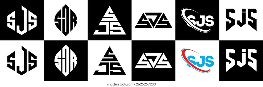 Diseño del logotipo de la letra de SJS en seis estilos. SJS polígono, círculo, triángulo, hexágono, estilo plano y simple con logo de letra de variación de color blanco y negro en una mesa de trabajo. Logotipo minimalista y clásico de SJS