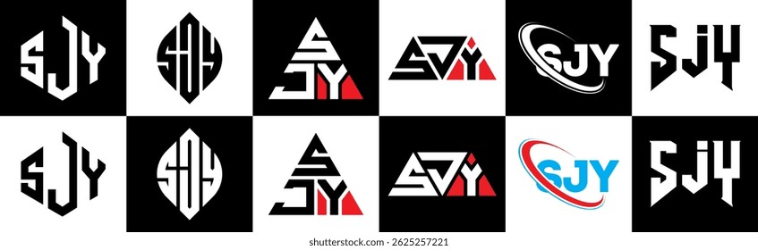 SJY letter logo design in six style. SJY polygon, circle, triangle, hexagon, flat and simple style with black and white color variation letter logo set in one artboard. SJY minimalist and classic logo